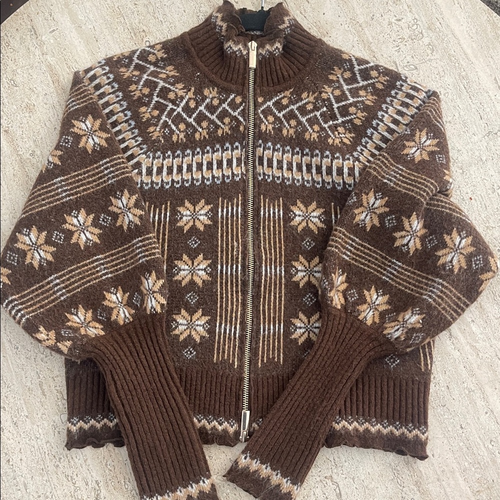 HOUSE OF HARLOW 1960 Brown Mock Neckline Double Zipper Wool Blend Sweater Size S - Picture 3 of 16